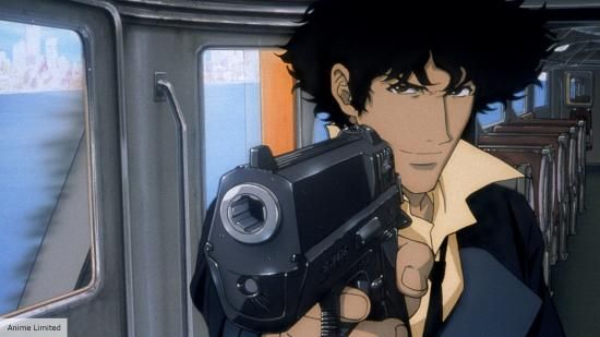 animirani moški na vlaku, ki drži pištolo