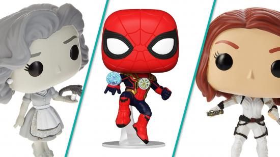 Marvel Funko Pops aus der MCU Phase 4. Ein Bild zeigt drei Pop-Funko-Figuren: 50s Wanda, Spider-Man und Black Widow.